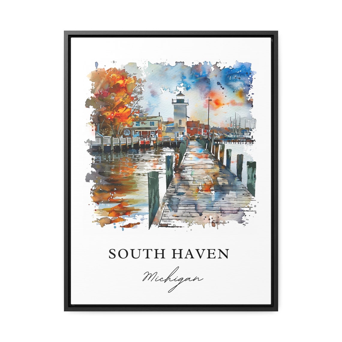 South Haven Michigan Lighthouse Pier Watercolor Harbor Poster - Image 3