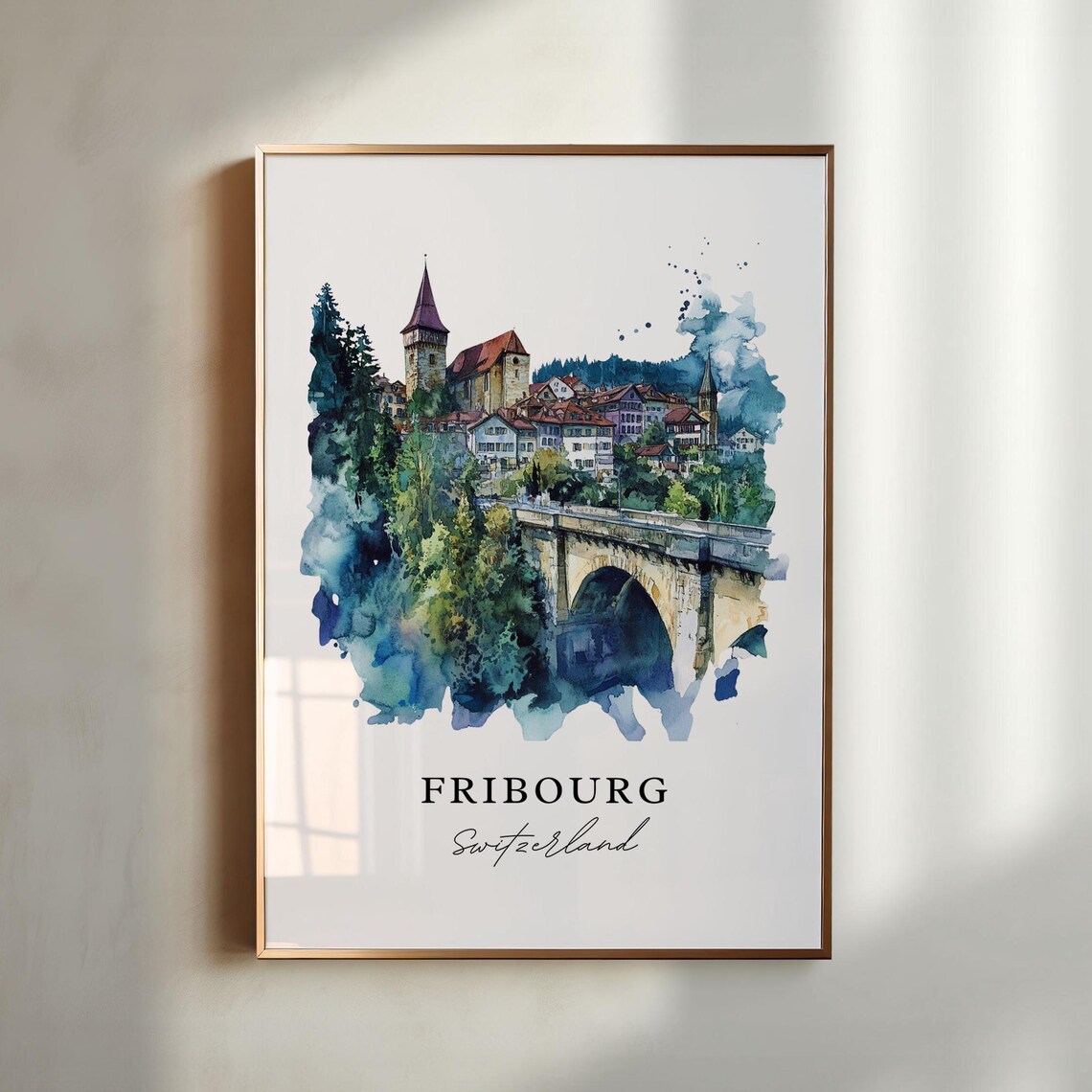 Fribourg Switzerland Old Town Bridge Watercolor Travel Poster