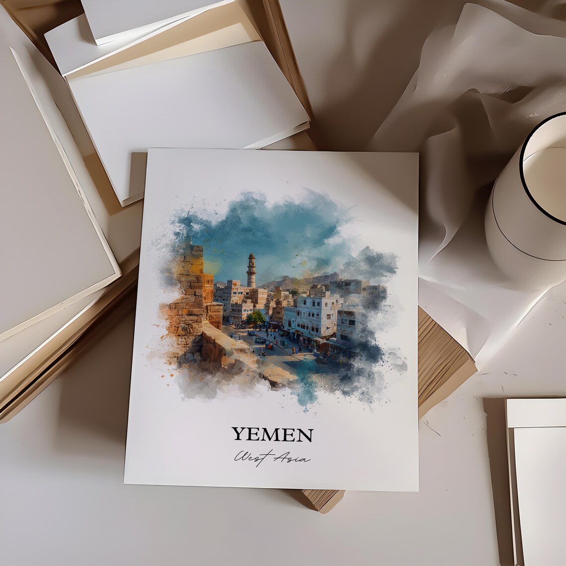 Yemen West Asia Watercolor Art Old City Tower Houses Minaret Poster - Image 3