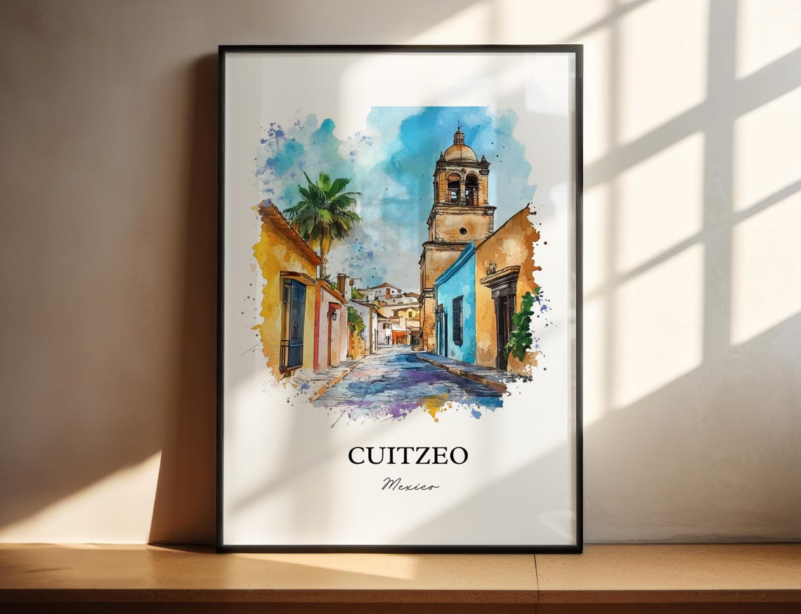 Cuitzeo Mexico Cobblestone Street Church Tower Watercolor Poster