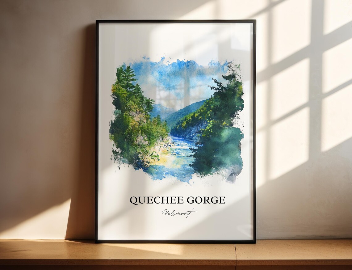 Quechee Gorge Vermont River Gorge Forest Canyon Watercolor Poster
