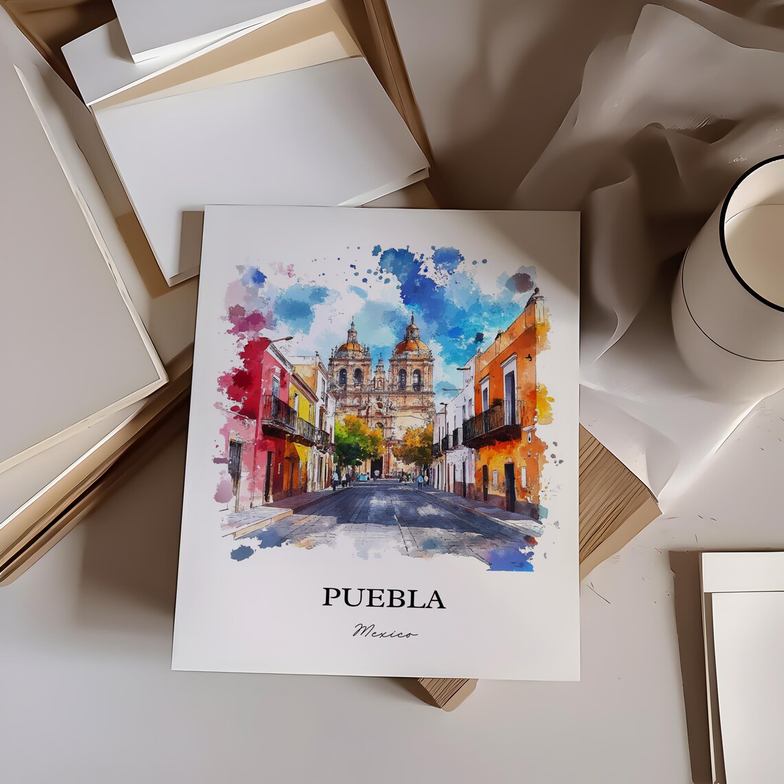 Puebla Mexico Colonial Cathedral Street Watercolor Travel Poster - Image 3