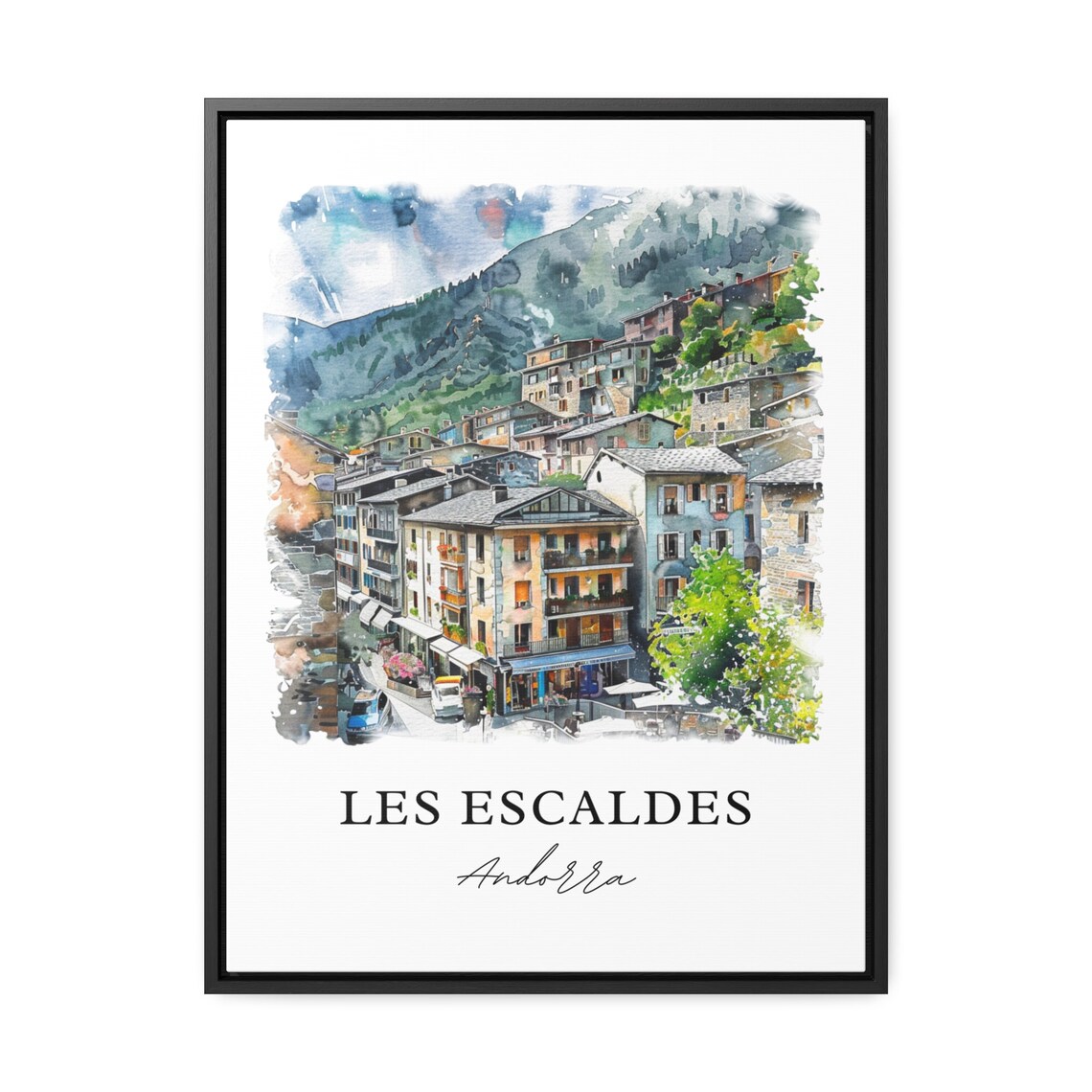 Les Escaldes Andorra Mountain Town Watercolor Alpine Village Poster - Image 3