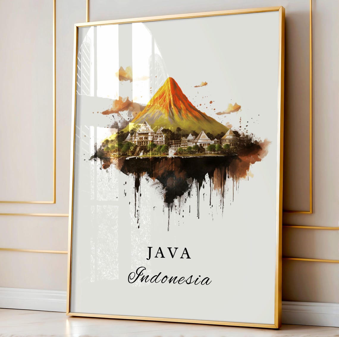 Java Indonesia Volcano Temple Watercolor Travel Souvenir Poster