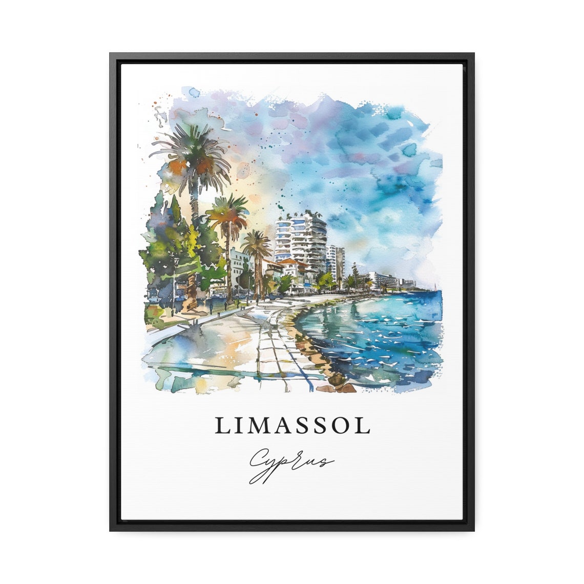 Limassol Cyprus Watercolor Seaside Promenade Palm Trees Poster - Image 2