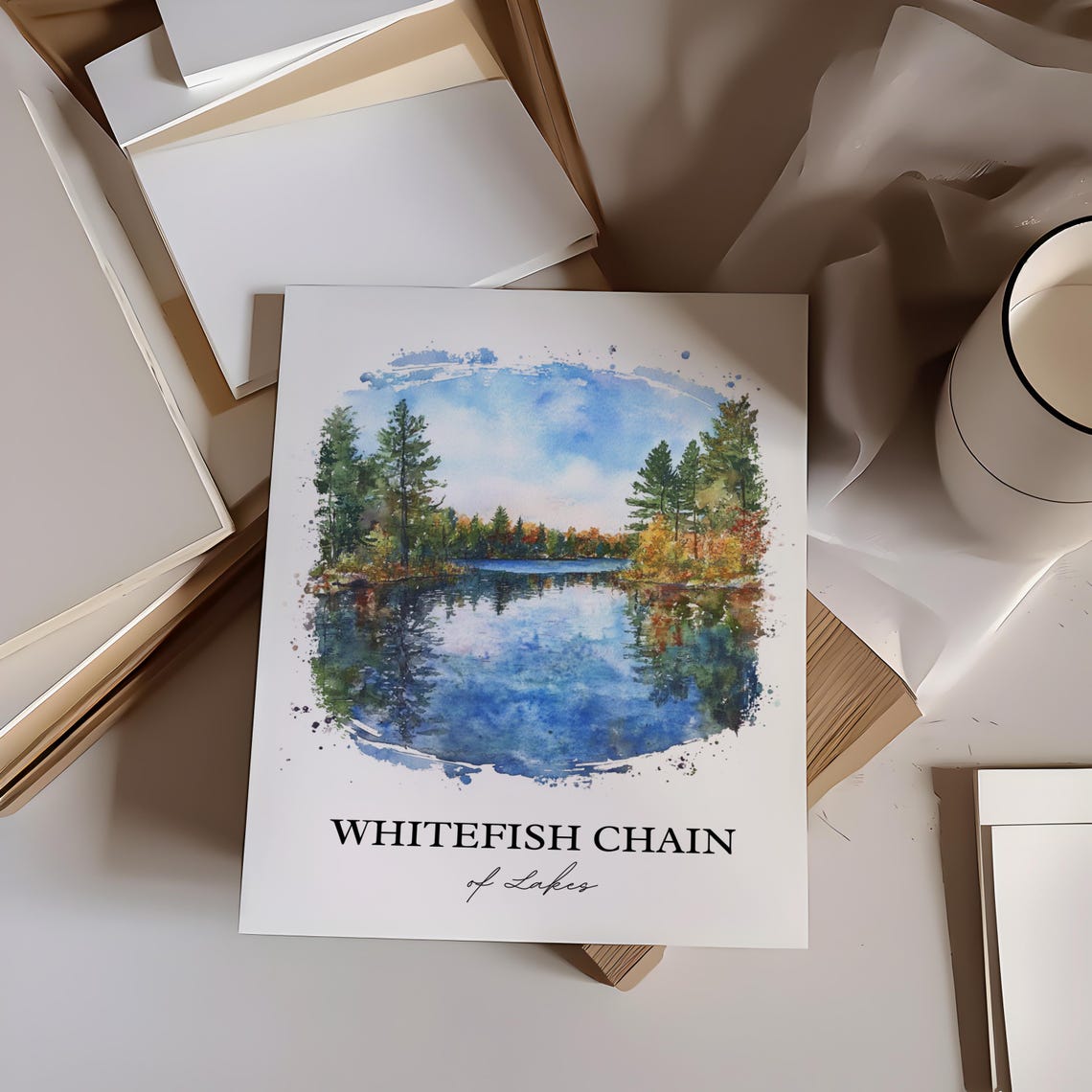 Whitefish Chain of Lakes Minnesota Pine Forest Watercolor Poster - Image 4