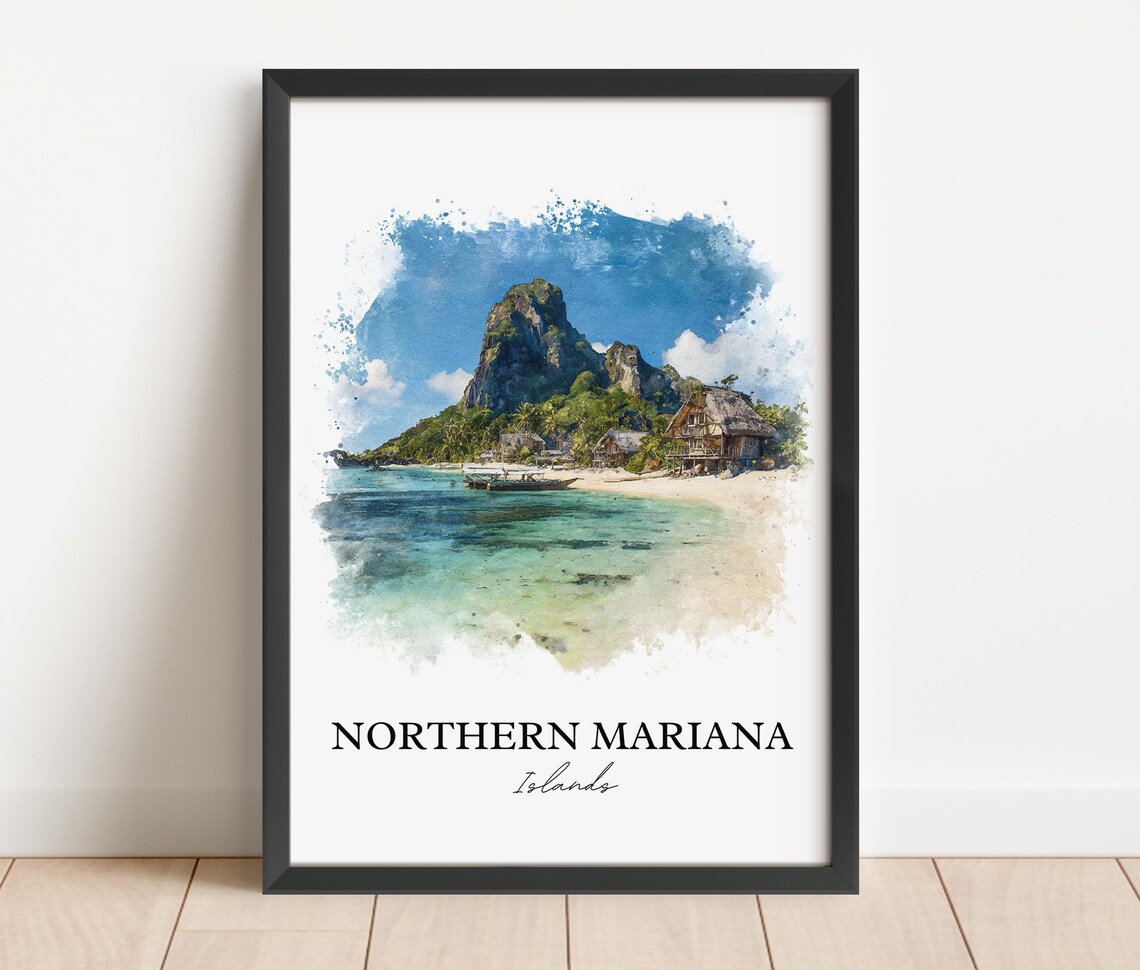 Northern Mariana Islands Tropical Beach Mountain Watercolor Poster - Image 5