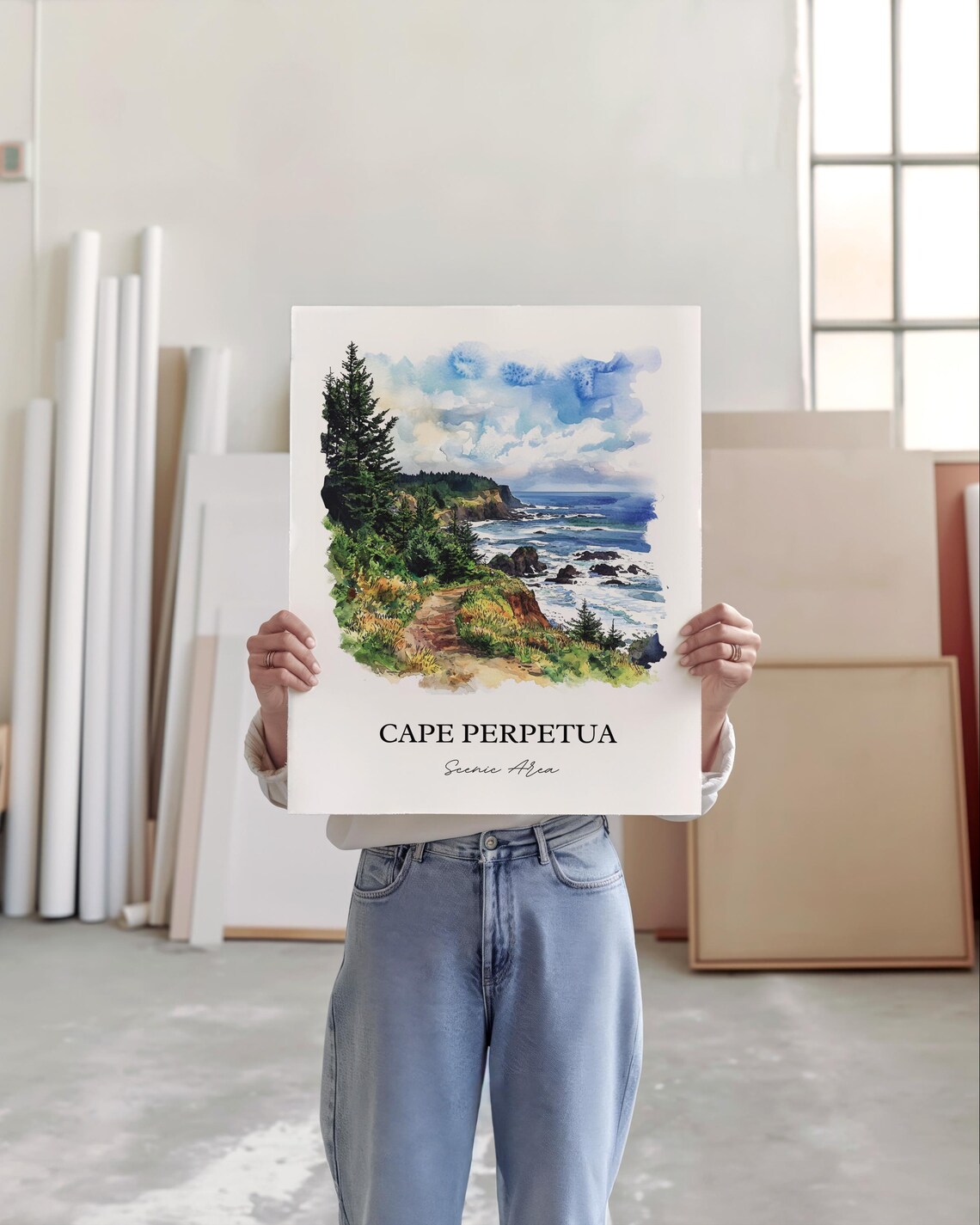 Cape Perpetua Oregon Scenic Area Watercolor Coastal Cliffs Poster - Image 4