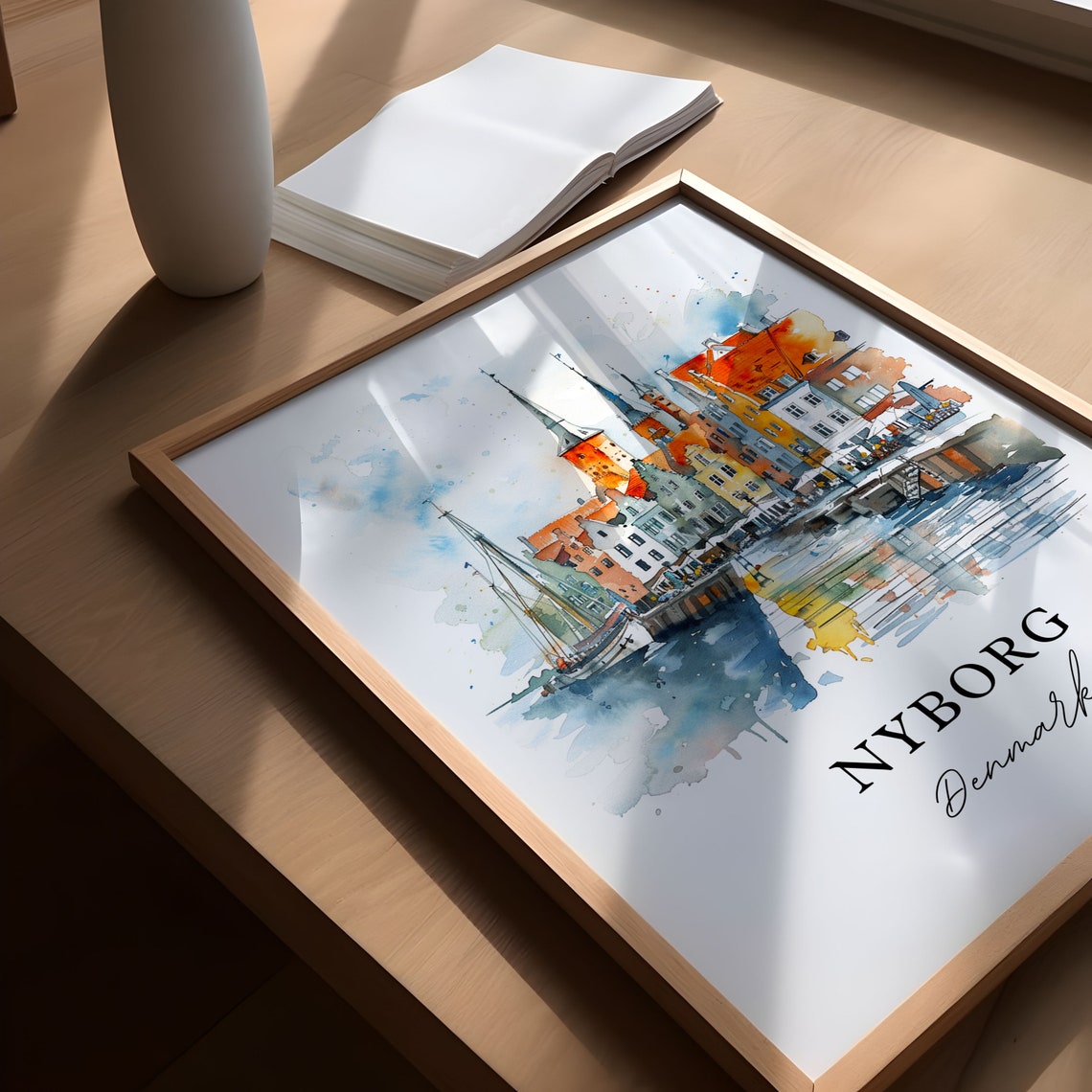 Nyborg Denmark Colorful Harbor Waterfront Watercolor Travel Poster - Image 5