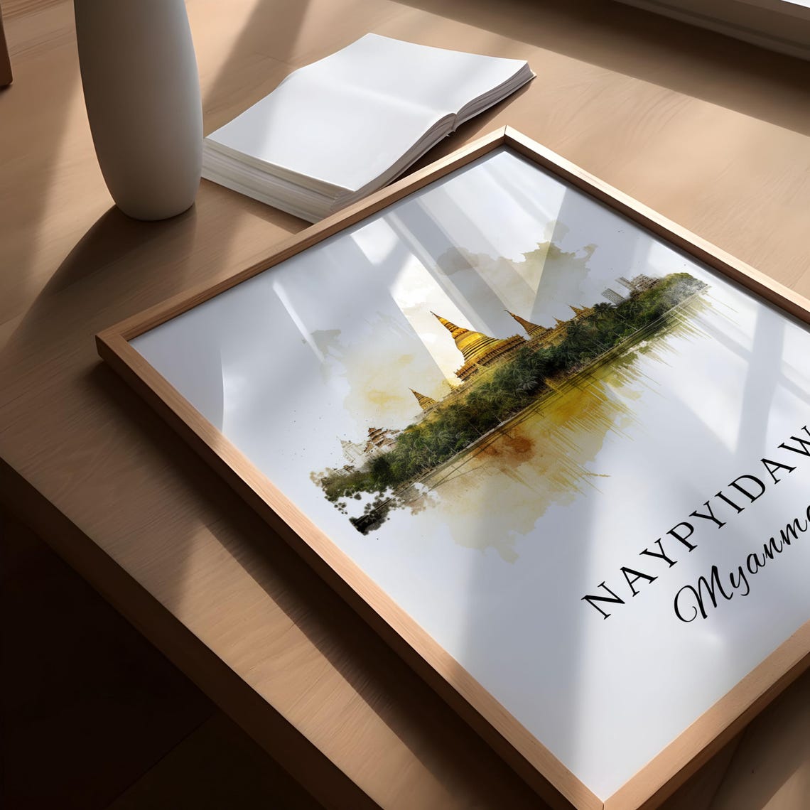 Naypyidaw Myanmar Watercolor Golden Pagoda Reflection Poster - Image 5