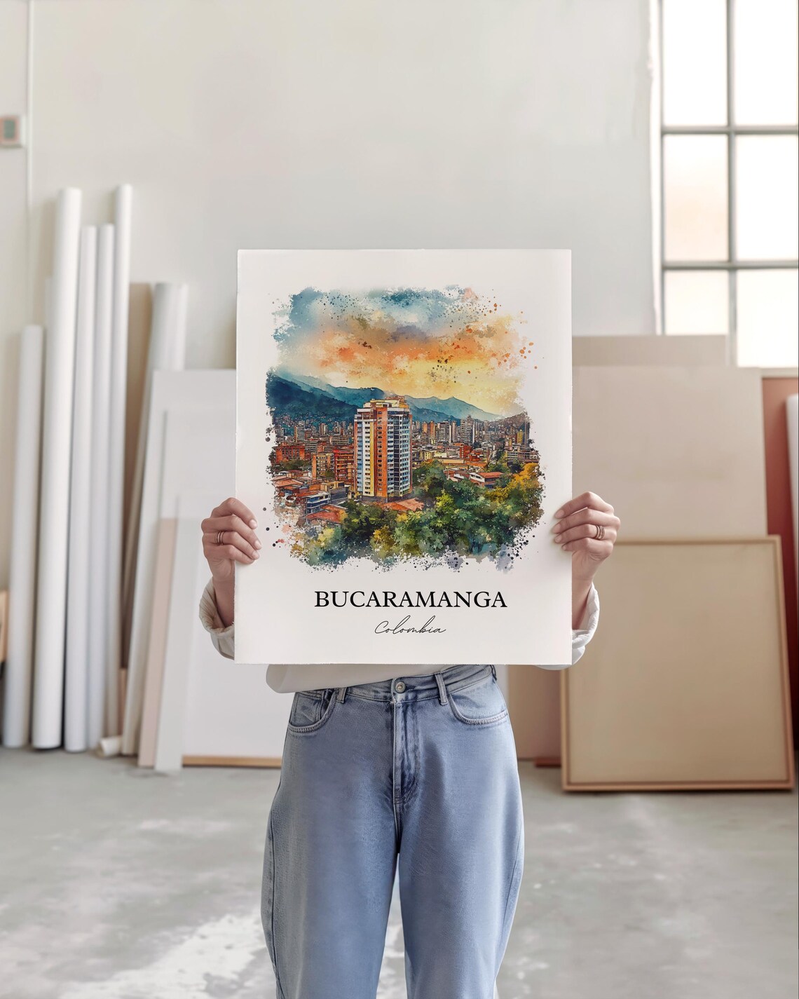Bucaramanga Colombia Watercolor Sunset City Mountains Poster - Image 3