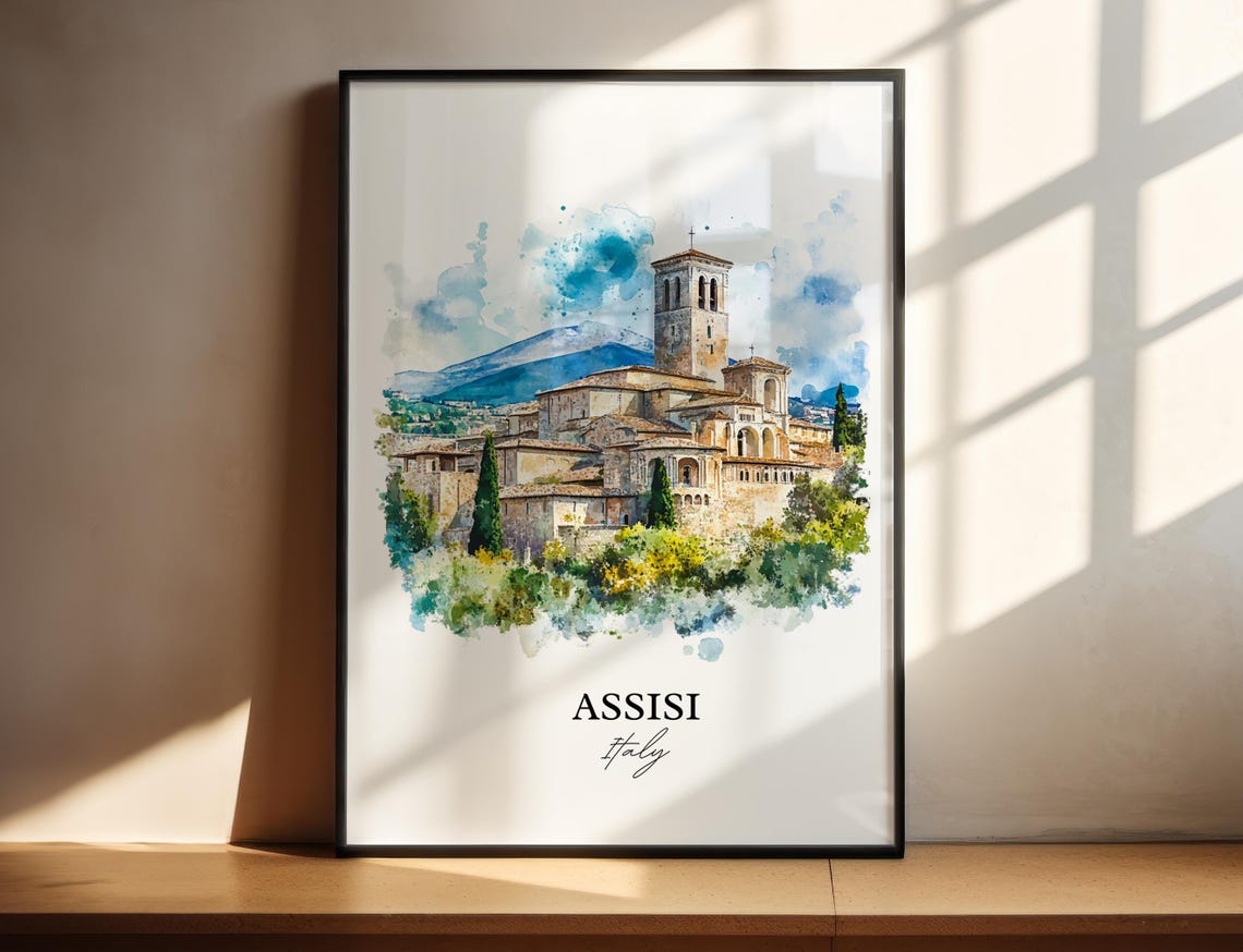 Assisi Italy Travel Poster, Umbria Region Watercolor