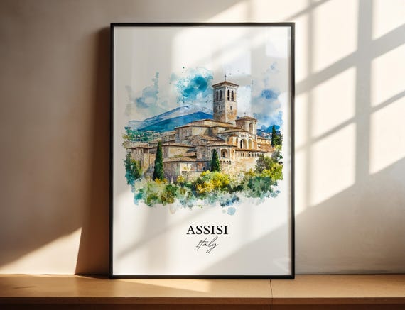 Assisi Italy Travel Poster, Umbria Region Watercolor