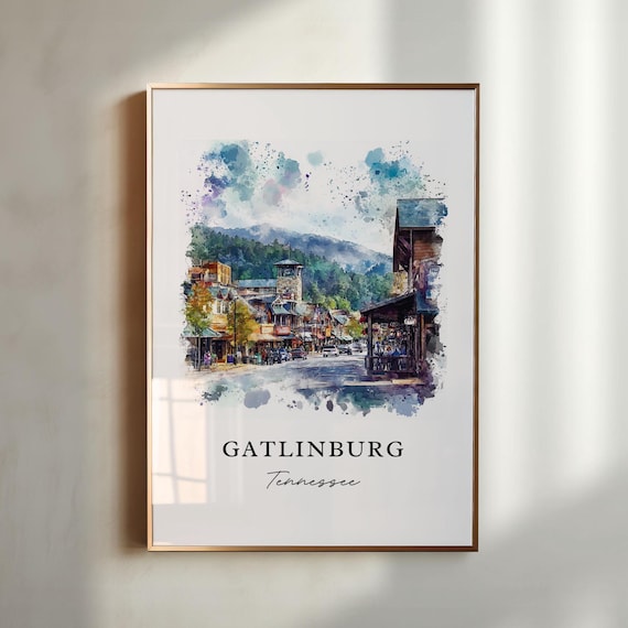 Gatlinburg Tennessee Watercolor Smoky Mountain Main Street Travel Poster