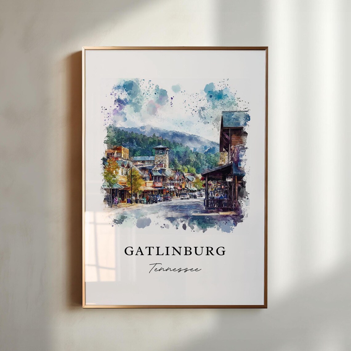 Gatlinburg Tennessee Watercolor Smoky Mountain Main Street Travel Poster