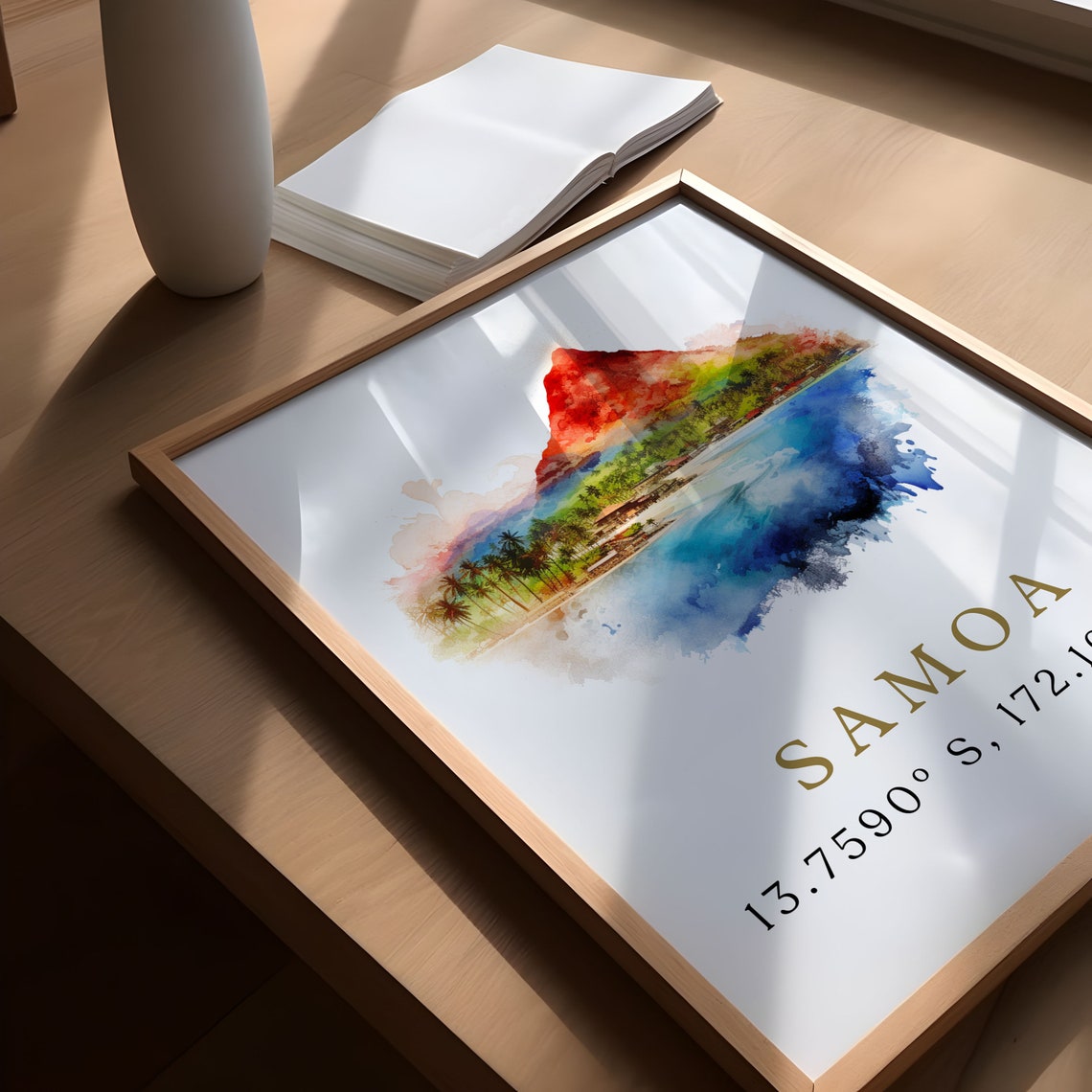 Samoa Island Volcano Coast Coordinates Minimalist Watercolor Print - Image 5