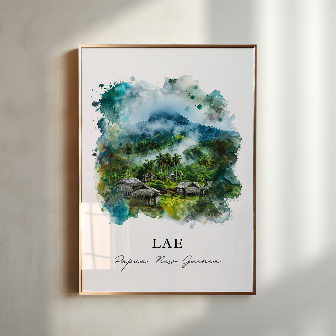 Lae Papua New Guinea Misty Jungle Village Watercolor Art Travel Poster