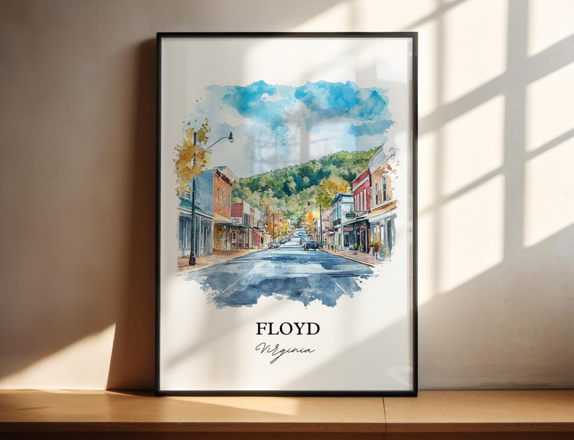 Floyd Virginia Main Street Mountain Backdrop Watercolor Travel Poster