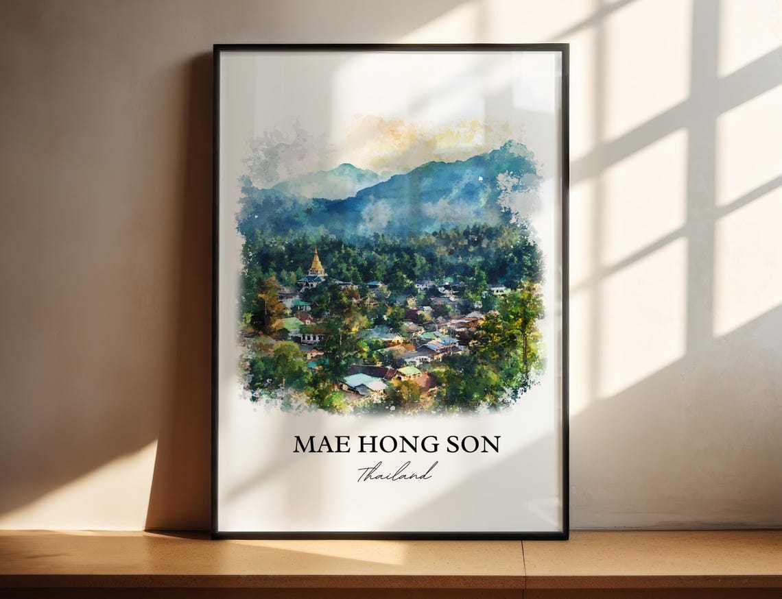 Mae Hong Son Thailand Watercolor Mountain Town Temple Art Poster