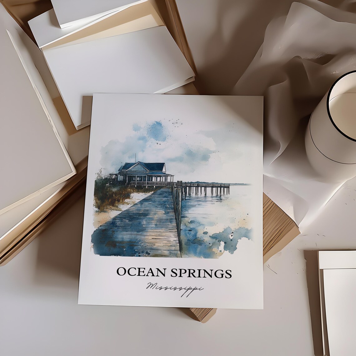 Ocean Springs Mississippi Pier Boardwalk Watercolor Travel Gift Poster - Image 3