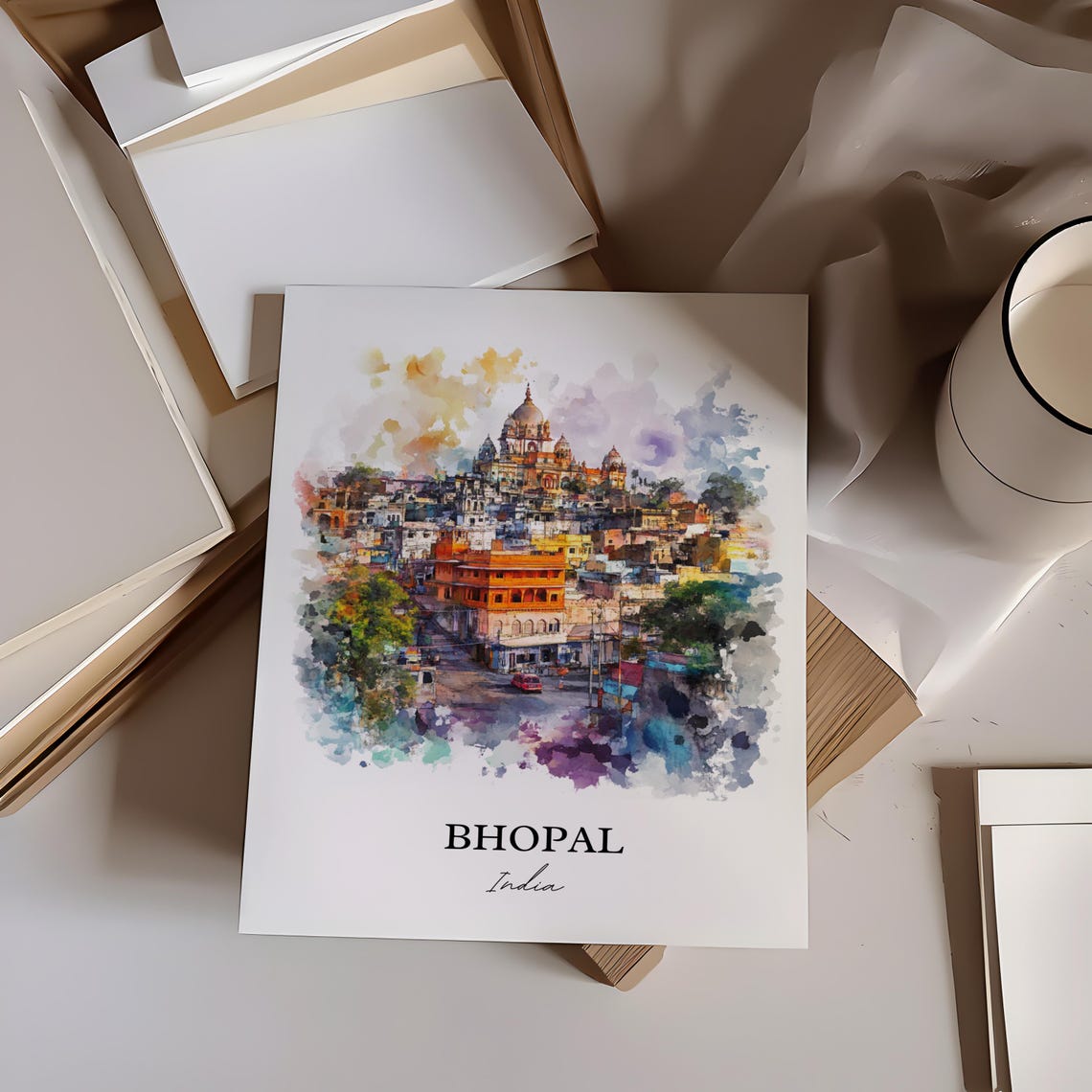 Bhopal India Watercolor Old City Temple Skyline Travel Poster - Image 4