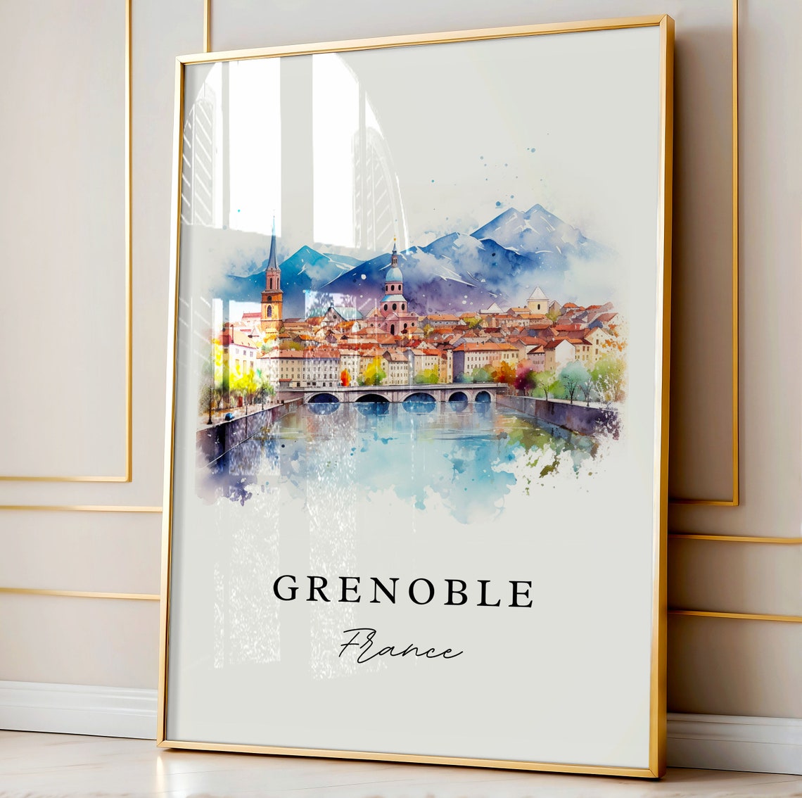 Grenoble France Alpine Mountain Cityscape Watercolor River Poster - Image 5