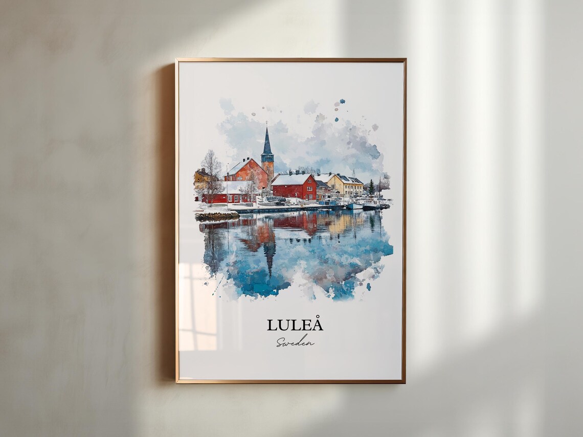 Luleå Sweden Harbor Reflection Watercolor Minimalist Travel Poster - Image 5