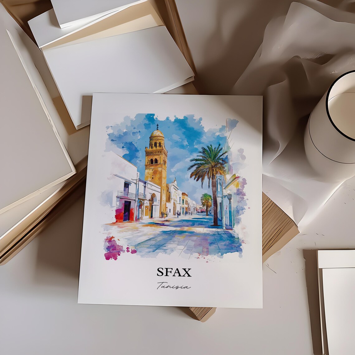 Sfax Tunisia Sunny Old Medina Street Watercolor Travel Art Poster - Image 4