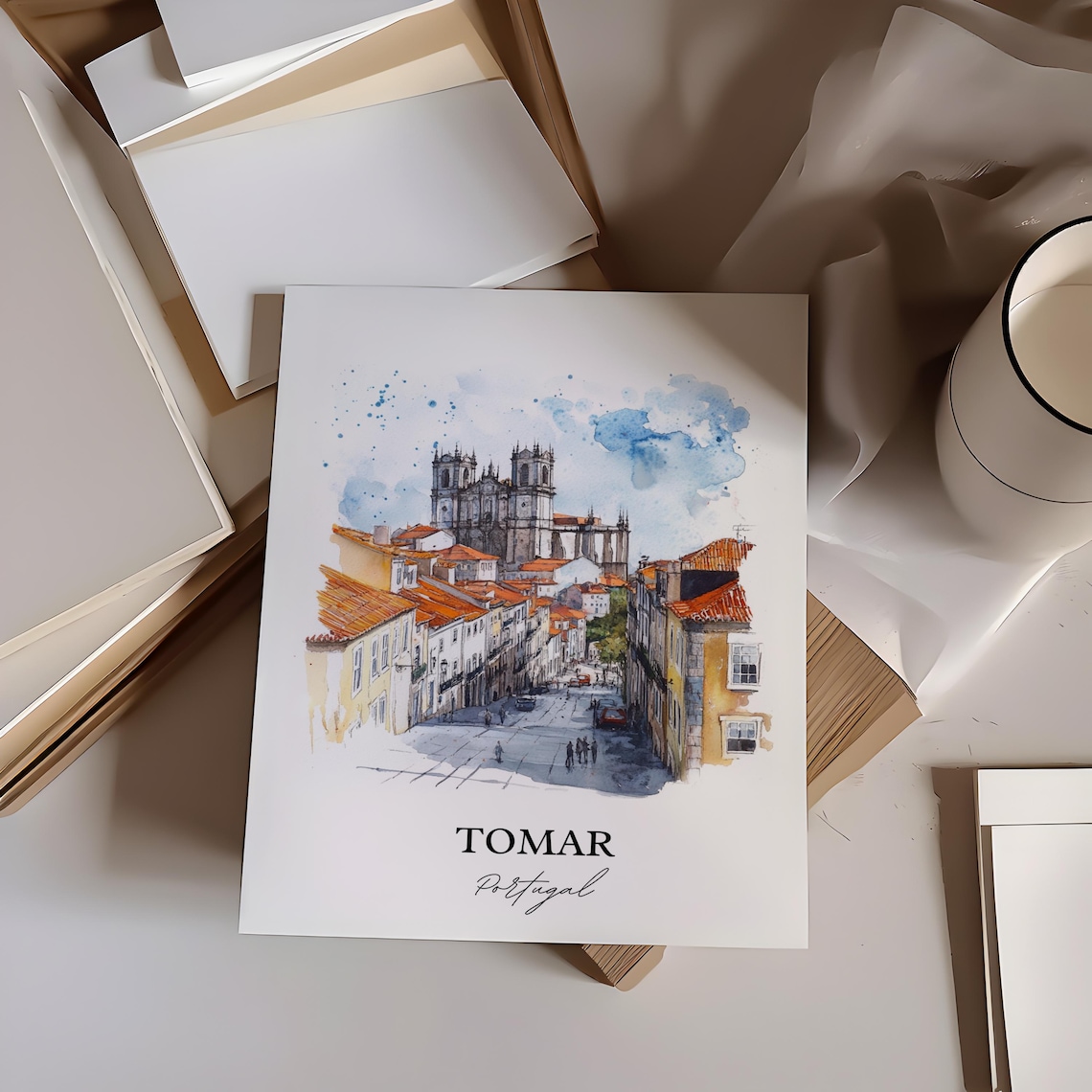 Tomar Portugal Watercolor Old Town Street Gothic Church Poster - Image 5