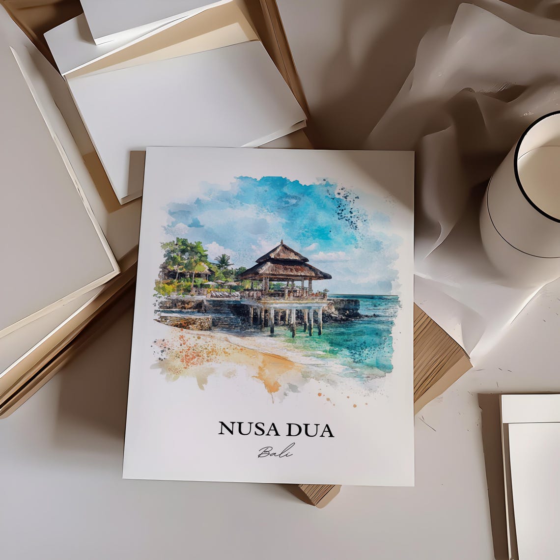 Nusa Dua Bali Watercolor Ocean Pavilion Sandy Beach Cove Poster - Image 3