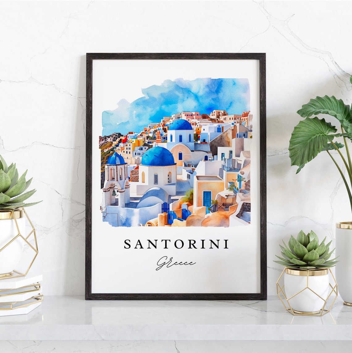Santorini Greece Blue Domed Churches Watercolor Island Poster - Image 3