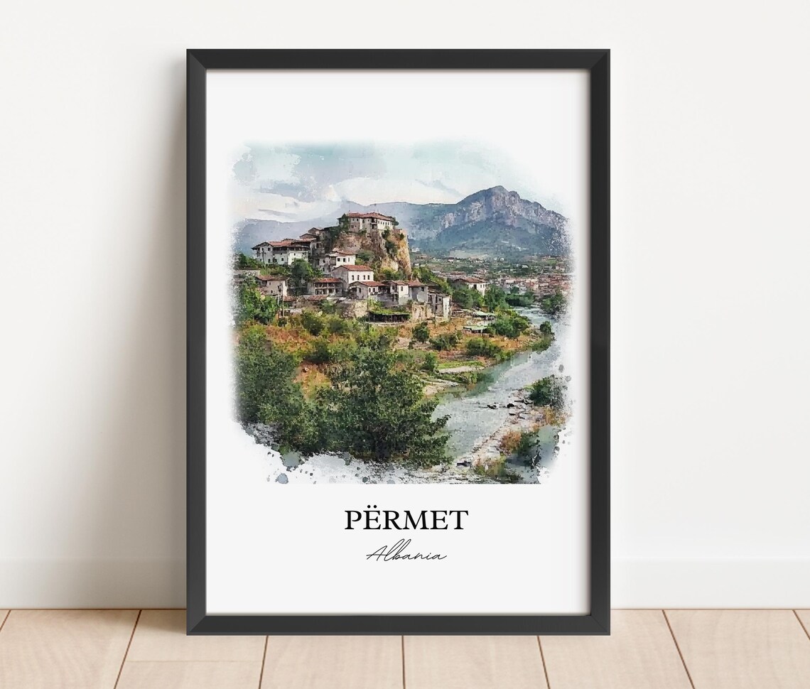 Permet Albania Hilltop Old Town Watercolor Skyline Travel Art Poster - Image 5