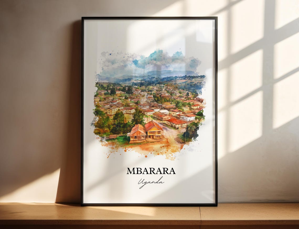 Mbarara Uganda Hilltop Town Aerial Watercolor Travel Art Poster