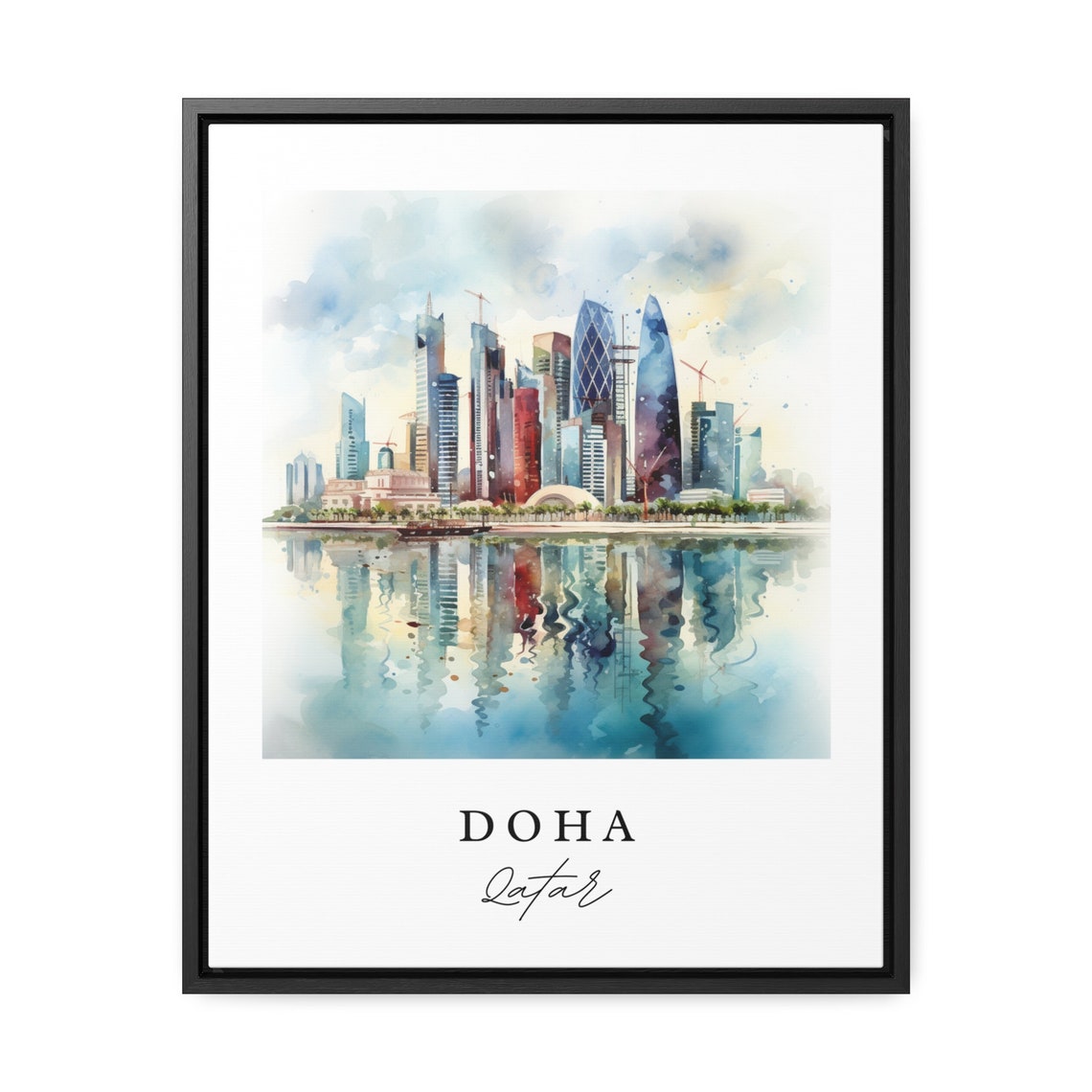 Doha Qatar Watercolor Skyline Modern Towers Harbor Art Poster - Image 2