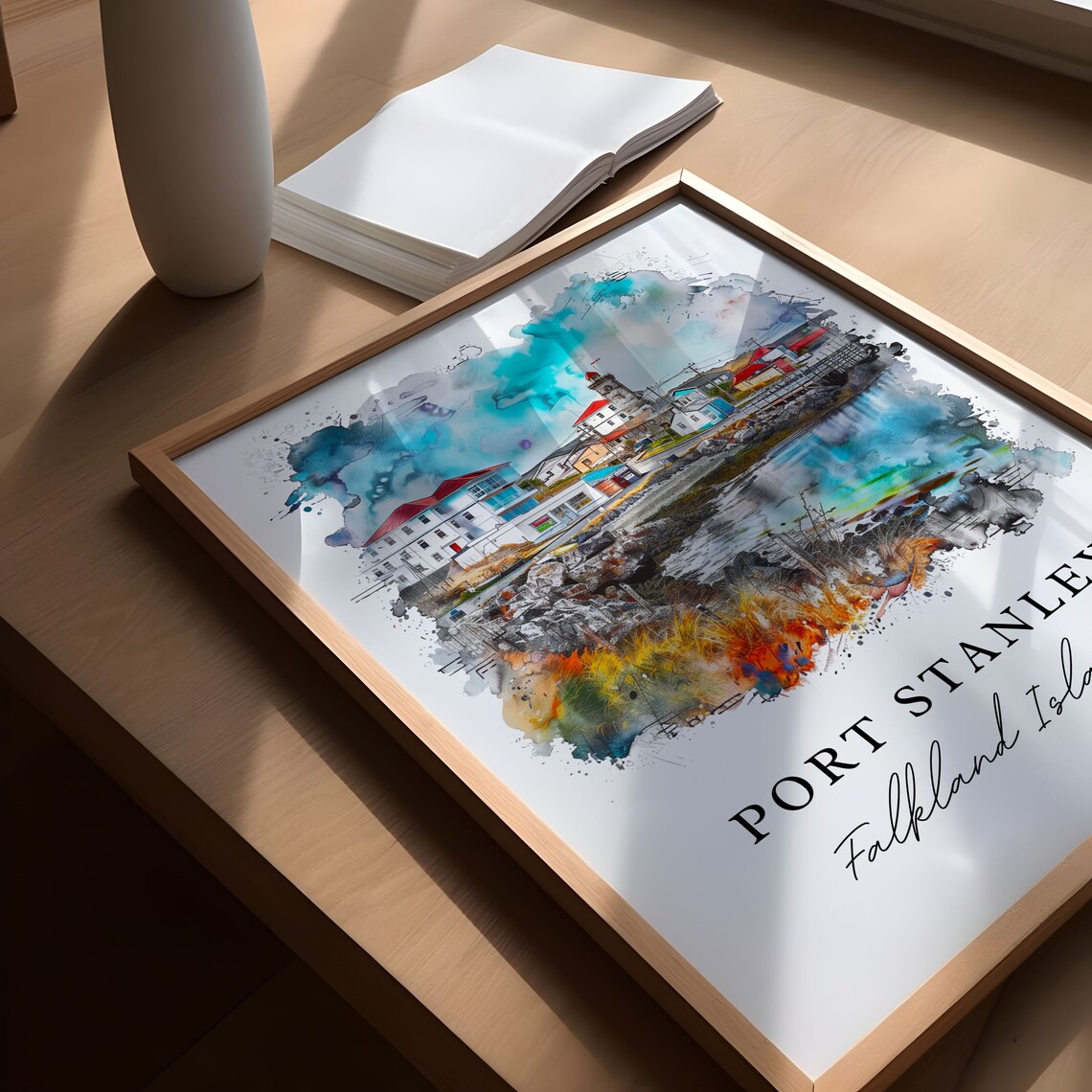 Port Stanley Falkland Islands Harbor Watercolor Travel Poster - Image 5