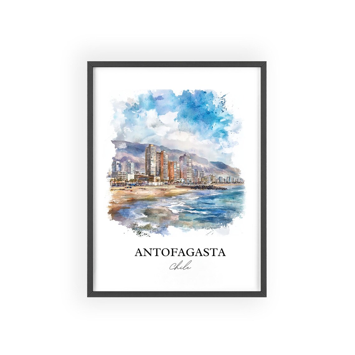 Antofagasta Chile Watercolor Beachfront City Skyline Scene Poster