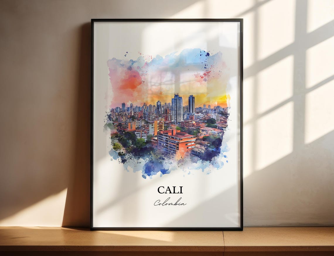 Cali Colombia Watercolor Sunset City Skyline Orange Sky Poster