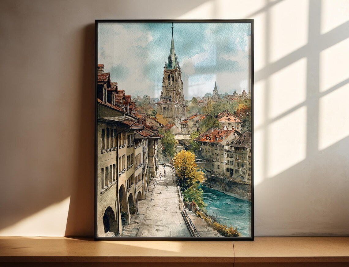 Bern Switzerland Old Town Riverside Street Watercolor Travel Poster