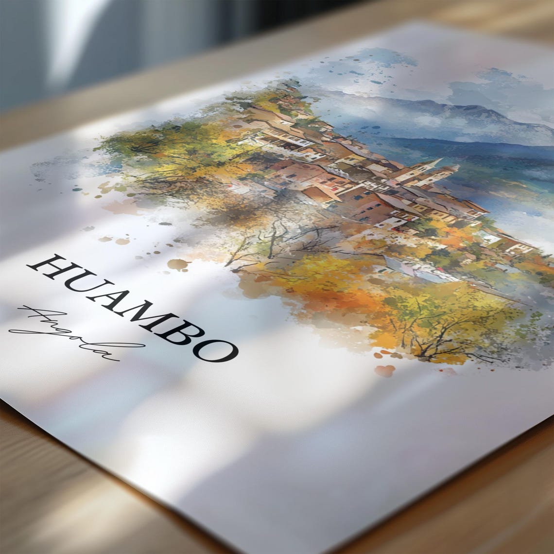 Huambo Angola Mountain Town Autumn Valley Watercolor Art Poster - Image 6