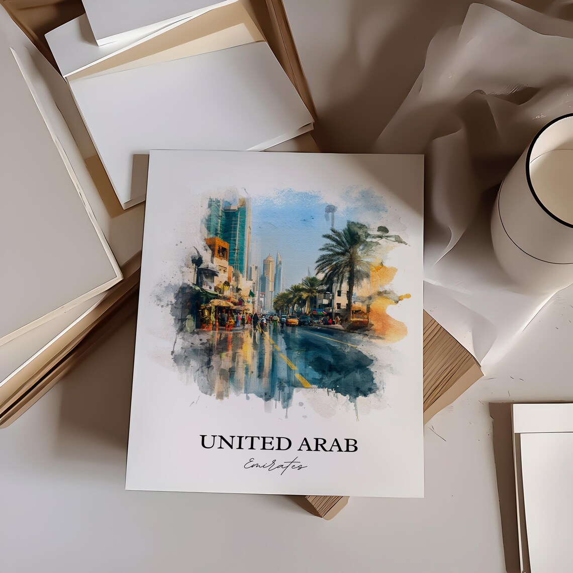 United Arab Emirates Watercolor Art Palm Avenue Skyline Poster - Image 4