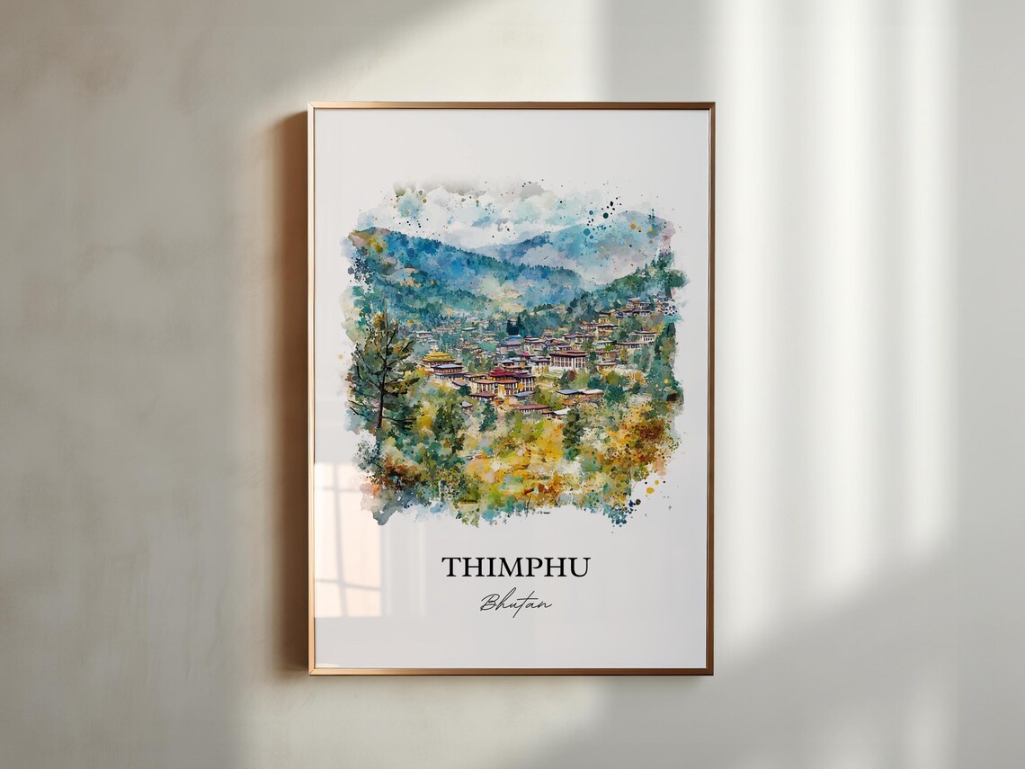 Thimphu Bhutan Watercolor Mountain Valley Town Himalayan Scene Poster - Image 5