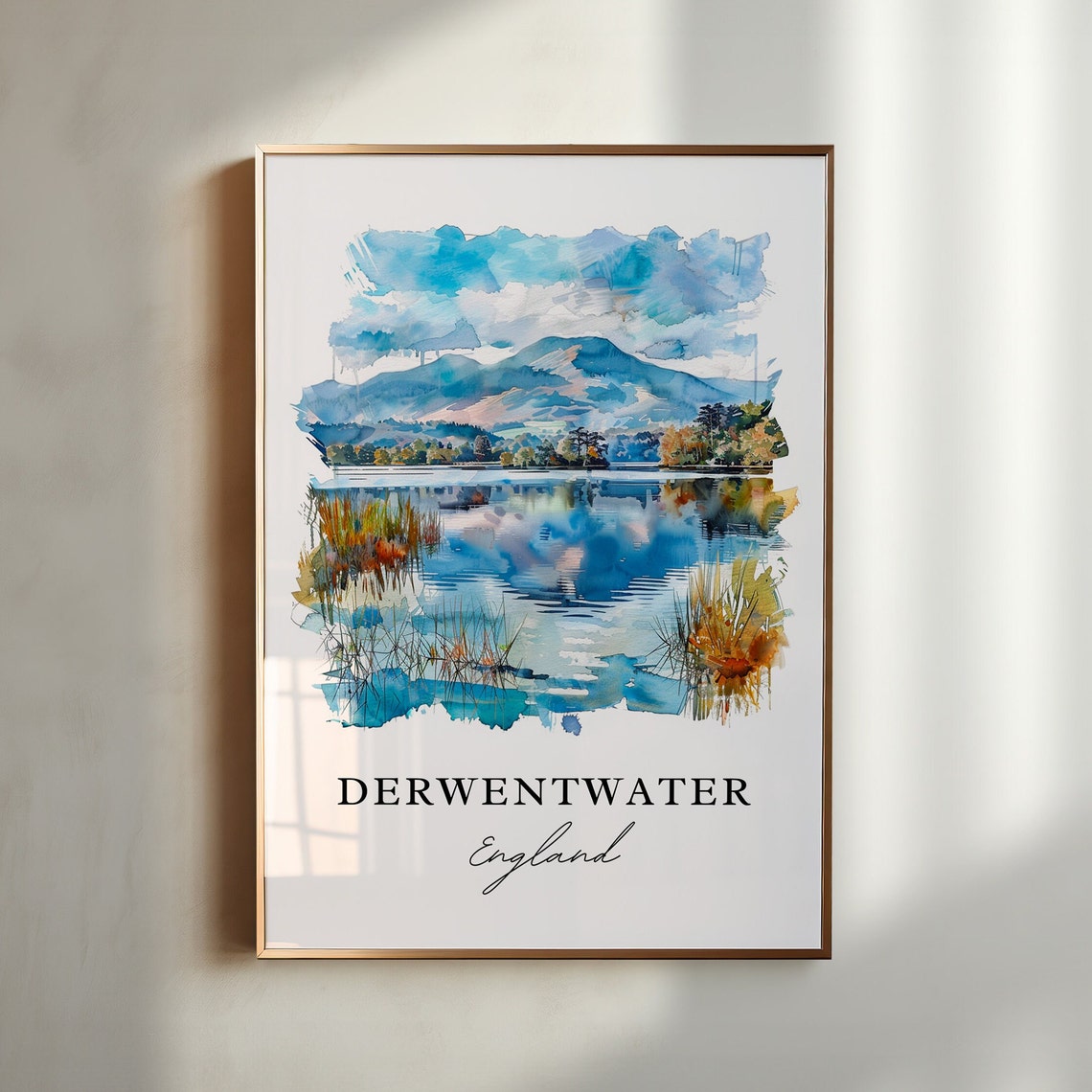 Derwentwater England Watercolor Lake Mountain Reflection Poster