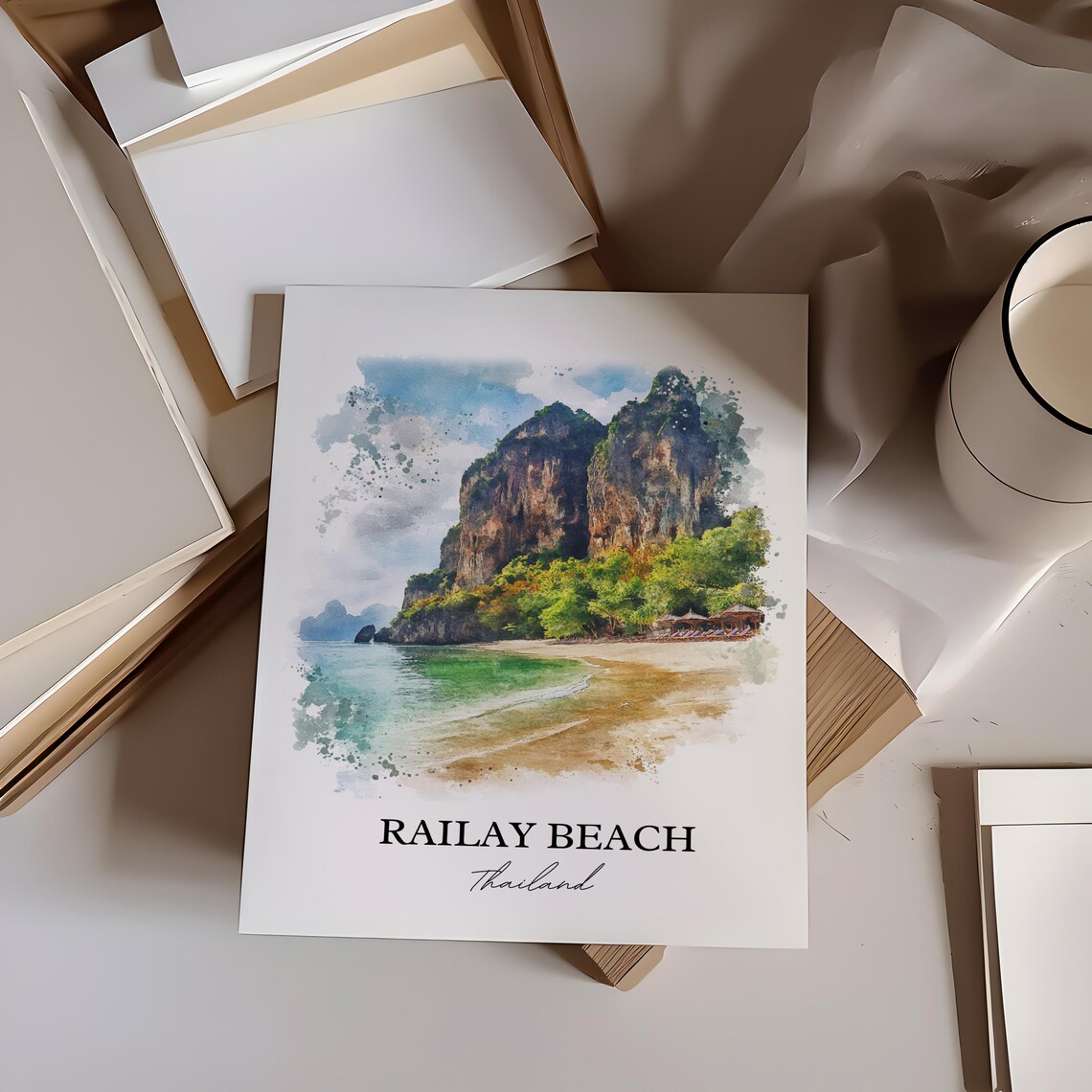 Railay Beach Thailand Watercolor Limestone Cliffs Bay Art Poster - Image 5