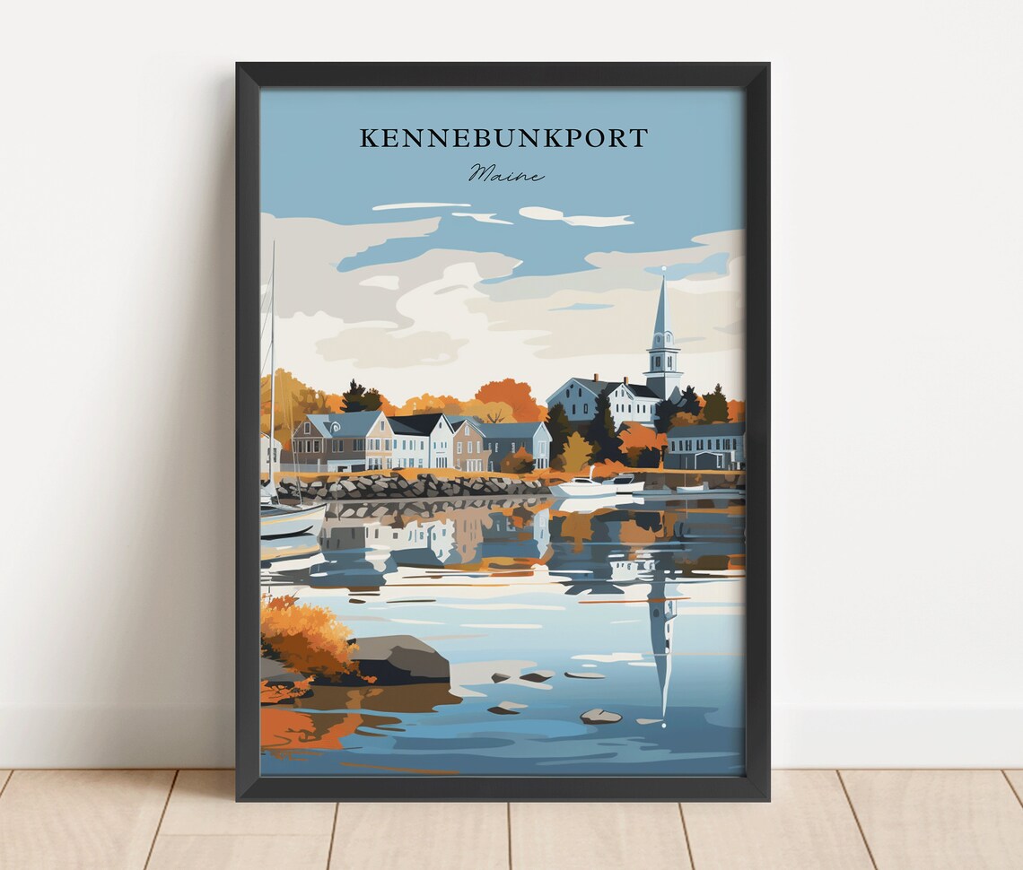 Kennebunkport Maine Retro Harbor Town Fall Foliage Scenic Art Print