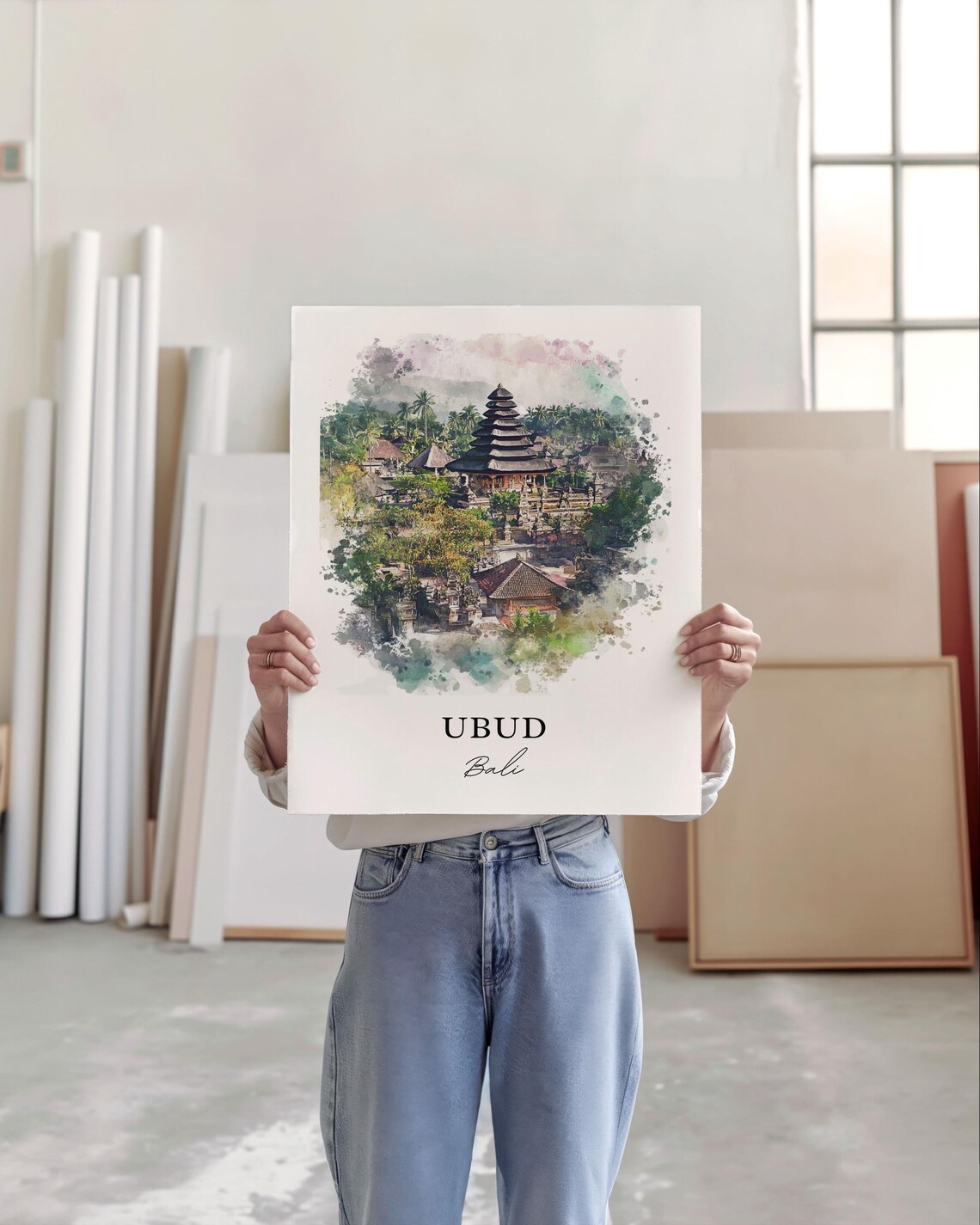 Ubud Bali Temple Tiered Tower Tropical Jungle Watercolor Travel Poster - Image 4