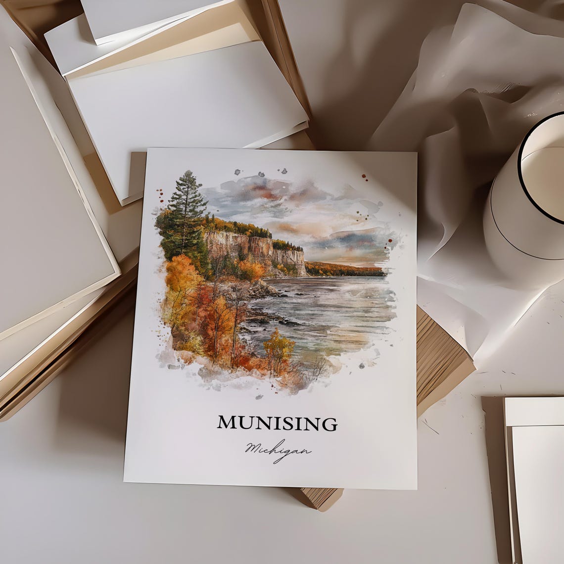 Munising Michigan Watercolor Fall Cliffs Lakeshore Art Poster - Image 6