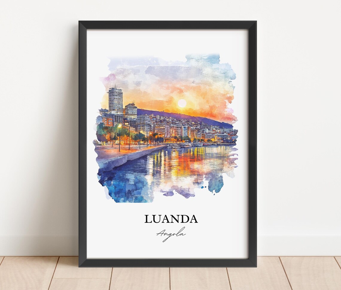 Luanda Angola Sunset Harbor Skyline Watercolor Travel Poster - Image 2