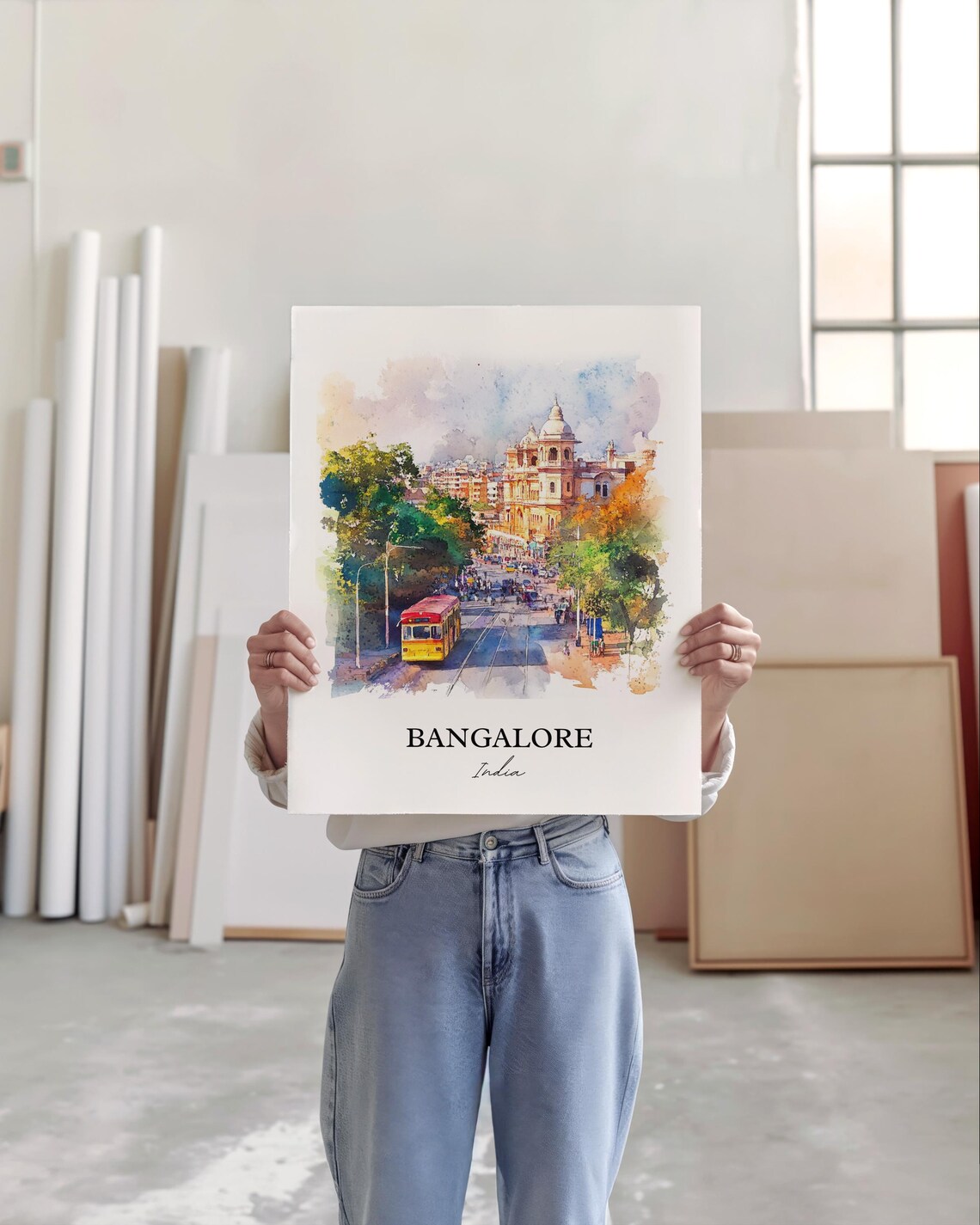 Bangalore India Watercolor City Street Scene Art Travel Poster - Image 4