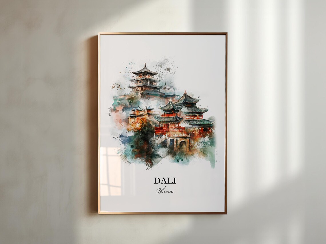 Dali China Watercolor Temple Pagoda Autumn Colors Art Poster - Image 6