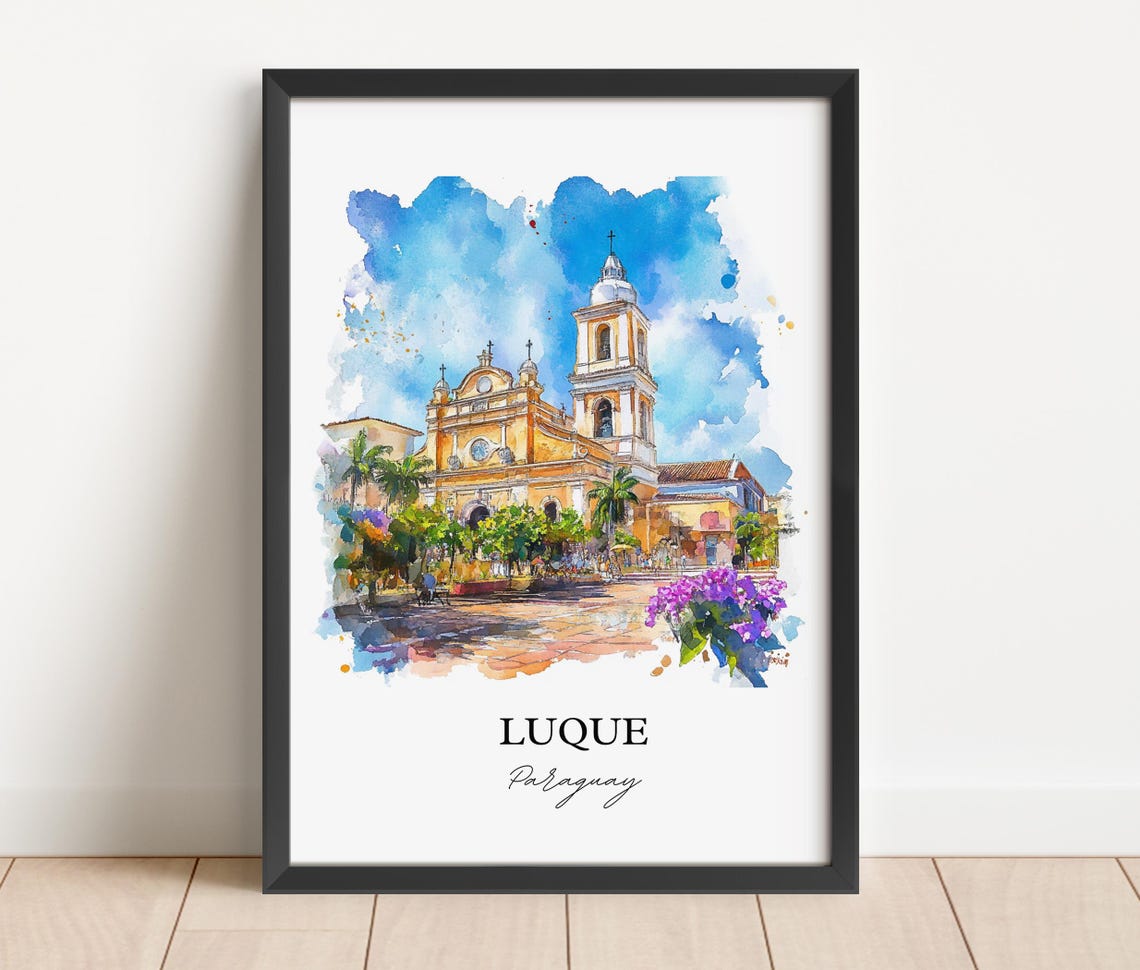 Luque Paraguay Watercolor Bell Tower Plaza Purple Flower Poster - Image 5